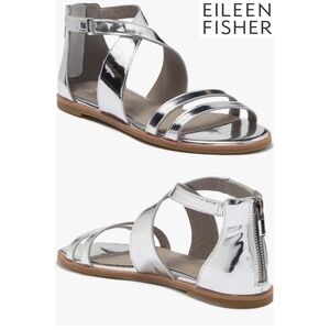 EILEEN FISHER NWT CICI FLAT SILVER MIRROR METALLIC LEATHER SANDAL. SIZE 7.5M